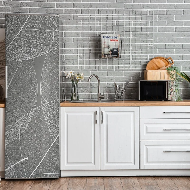 Naklejka na lodówkę delikatny wzór liści w odcieniach szarości – Wallissimo® Naklejka na lodówkę delikatny wzór liści w odcieniach szarości – Wallissimo®