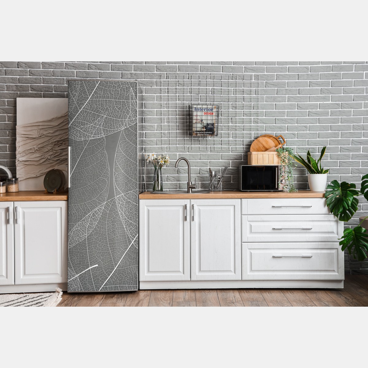 Naklejka na lodówkę delikatny wzór liści w odcieniach szarości – Wallissimo® Naklejka na lodówkę delikatny wzór liści w odcieniach szarości – Wallissimo®