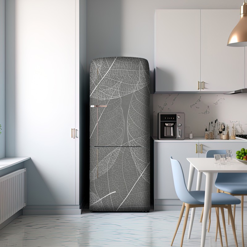 Naklejka na lodówkę delikatny wzór liści w odcieniach szarości – Wallissimo® Naklejka na lodówkę delikatny wzór liści w odcieniach szarości – Wallissimo®