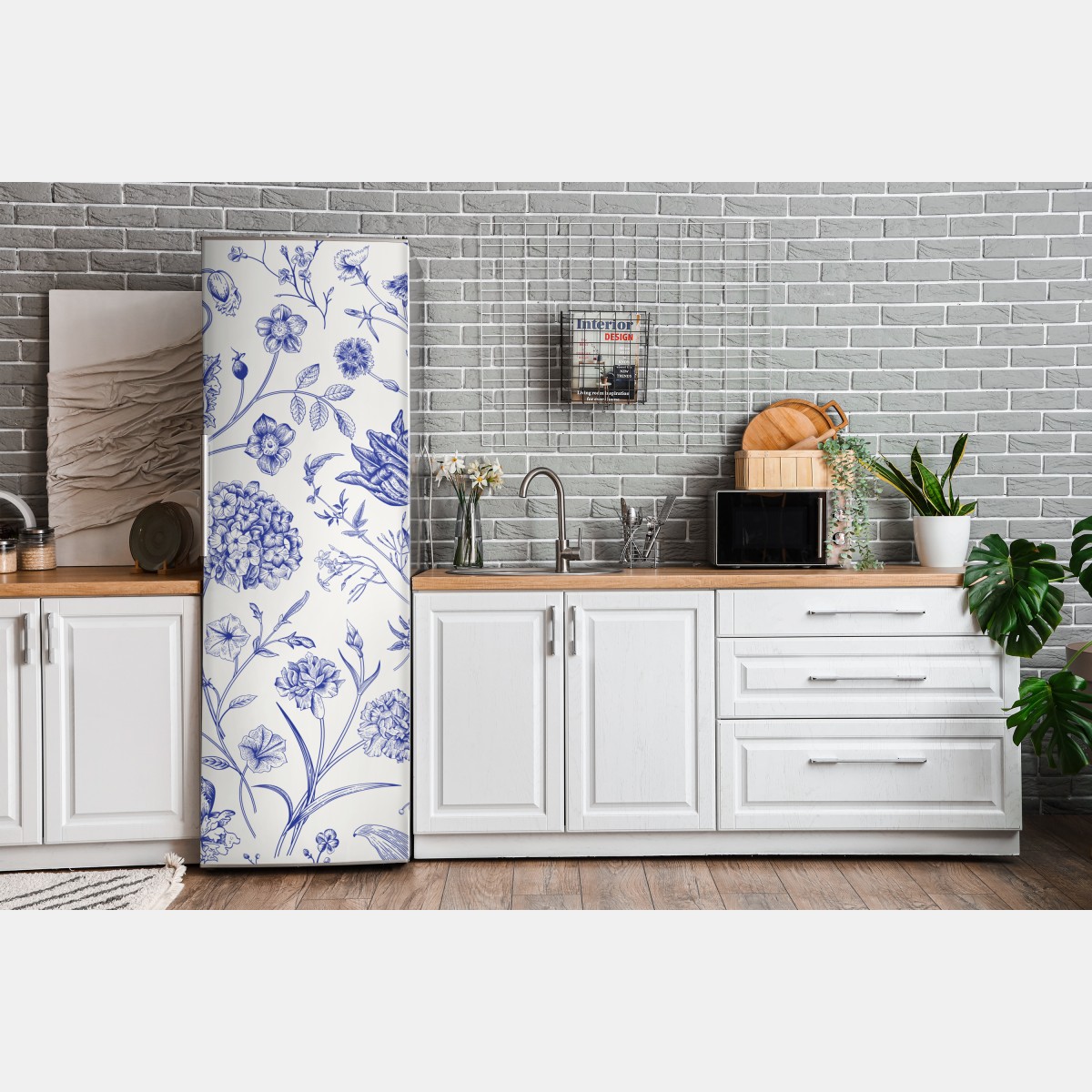 Naklejka na lodówkę klasyczny niebieski wzór toile z motywem kwiatowym – Wallissimo® Naklejka na lodówkę klasyczny niebieski wzór toile z motywem kwiatowym – Wallissimo®