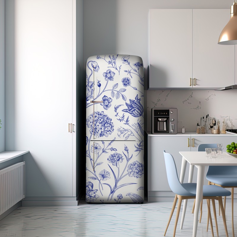 Naklejka na lodówkę klasyczny niebieski wzór toile z motywem kwiatowym – Wallissimo® Naklejka na lodówkę klasyczny niebieski wzór toile z motywem kwiatowym – Wallissimo®