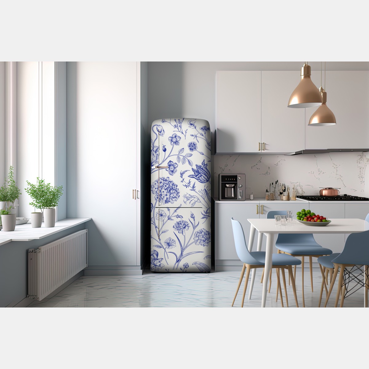 Naklejka na lodówkę klasyczny niebieski wzór toile z motywem kwiatowym – Wallissimo® Naklejka na lodówkę klasyczny niebieski wzór toile z motywem kwiatowym – Wallissimo®