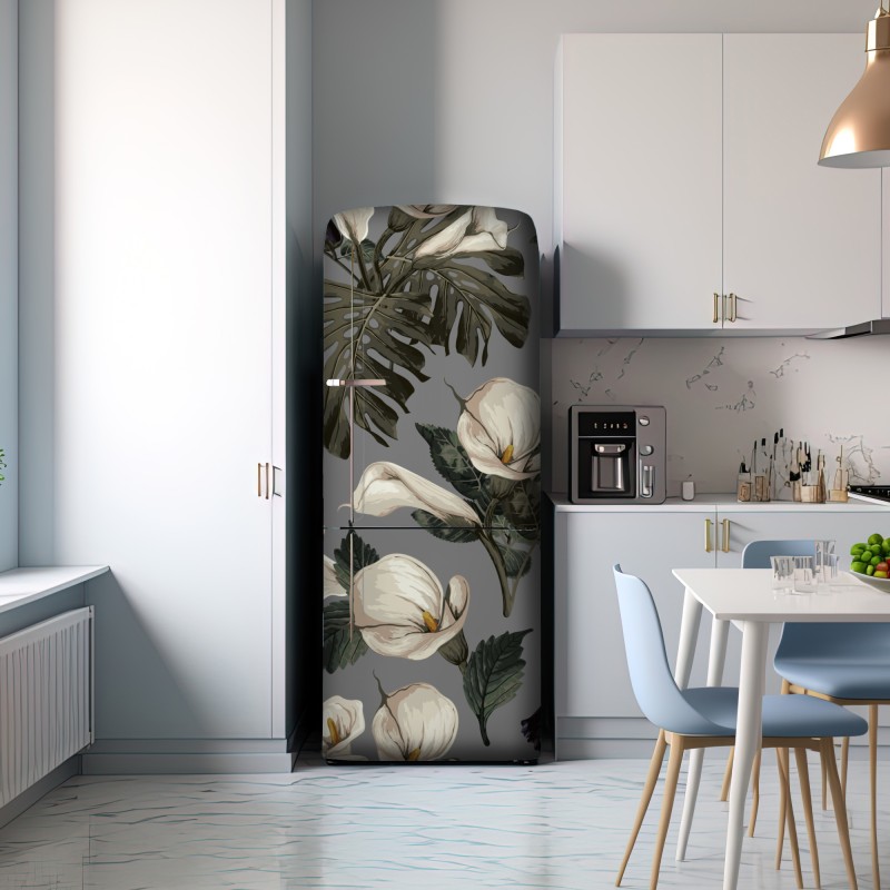 Naklejka na lodówkę botaniczny wzór: delikatne kalie i liście monstery na szarym tle – Wallissimo® Naklejka na lodówkę botaniczny wzór: delikatne kalie i liście monstery na szarym tle – Wallissimo®