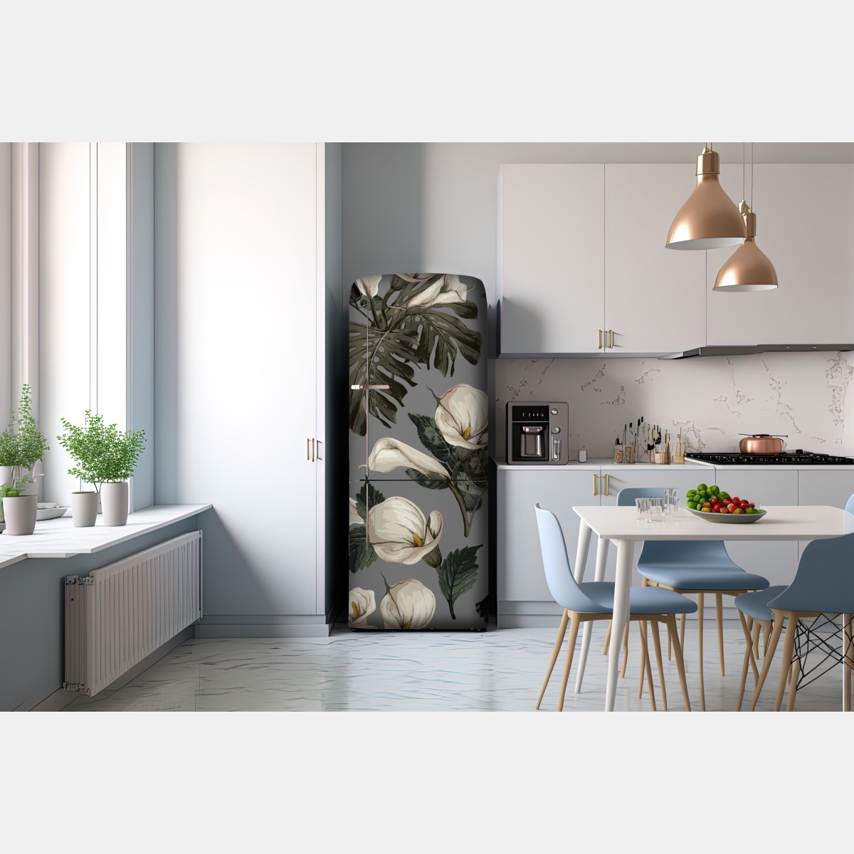 Naklejka na lodówkę botaniczny wzór: delikatne kalie i liście monstery na szarym tle – Wallissimo® Naklejka na lodówkę botaniczny wzór: delikatne kalie i liście monstery na szarym tle – Wallissimo®