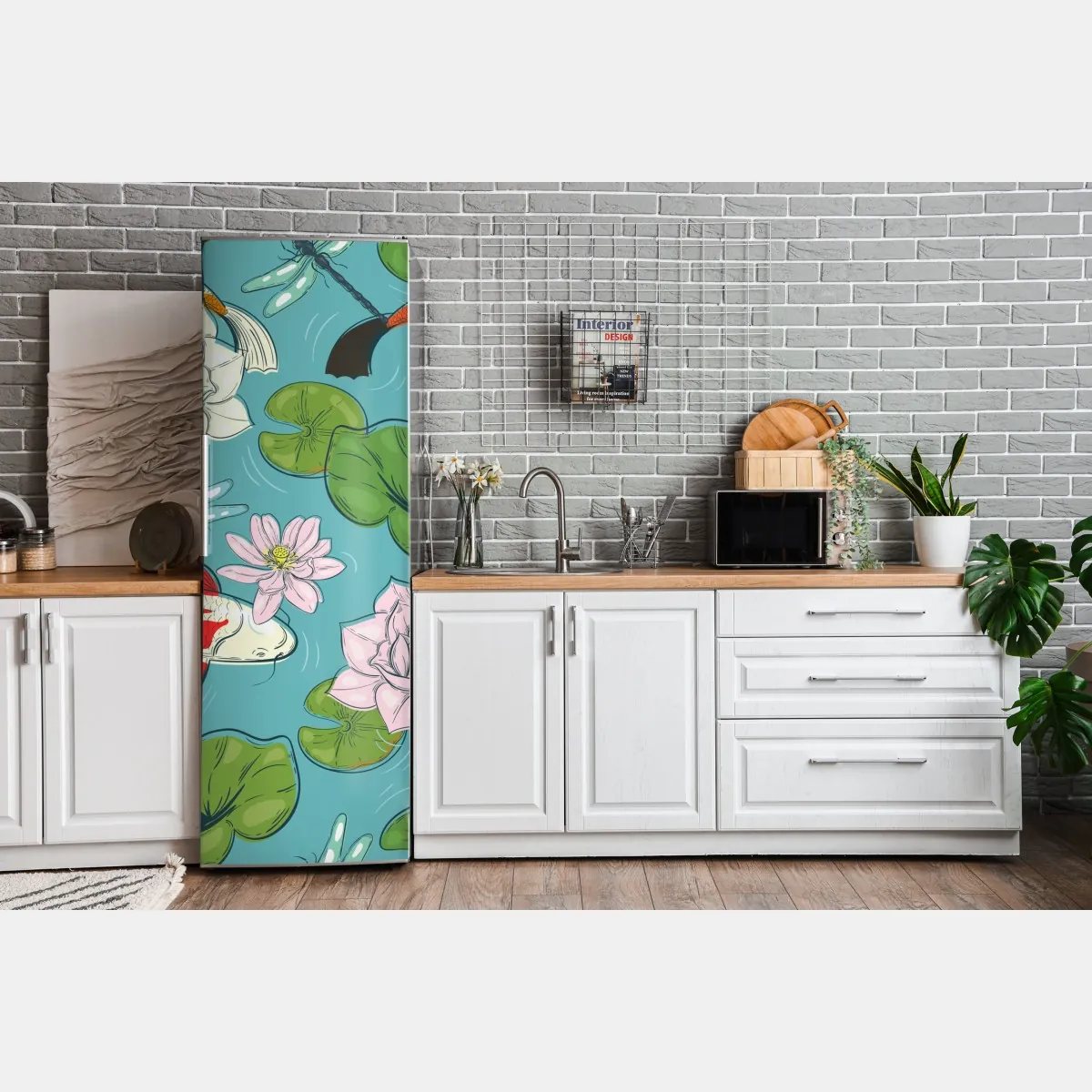 Naklejka na lodówkę koi, lilie wodne i ważki na błękitnym stawie – Wallissimo® Naklejka na lodówkę koi, lilie wodne i ważki na błękitnym stawie – Wallissimo®