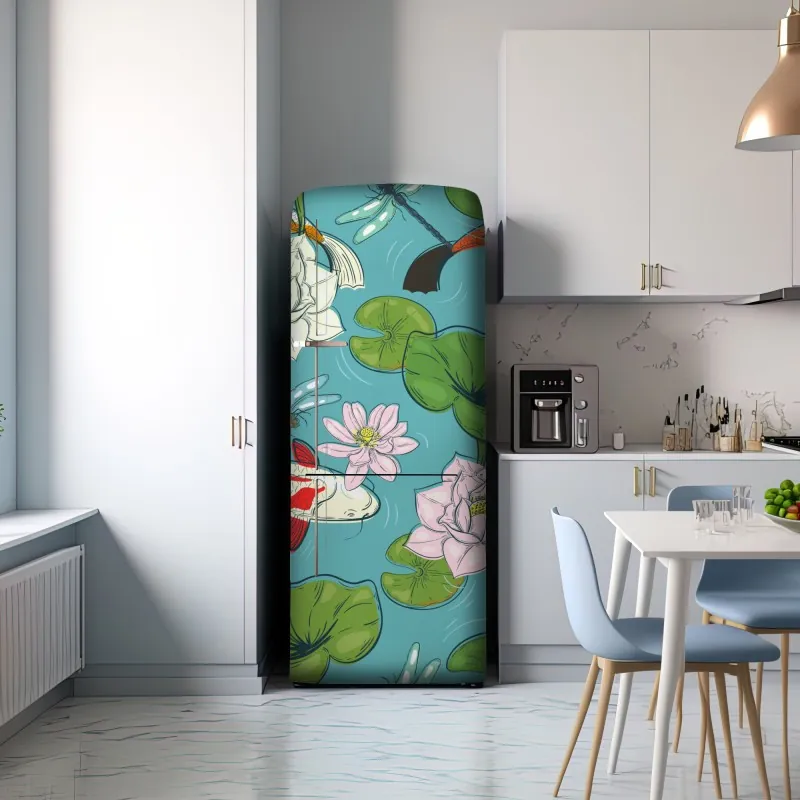 Naklejka na lodówkę koi, lilie wodne i ważki na błękitnym stawie – Wallissimo® Naklejka na lodówkę koi, lilie wodne i ważki na błękitnym stawie – Wallissimo®