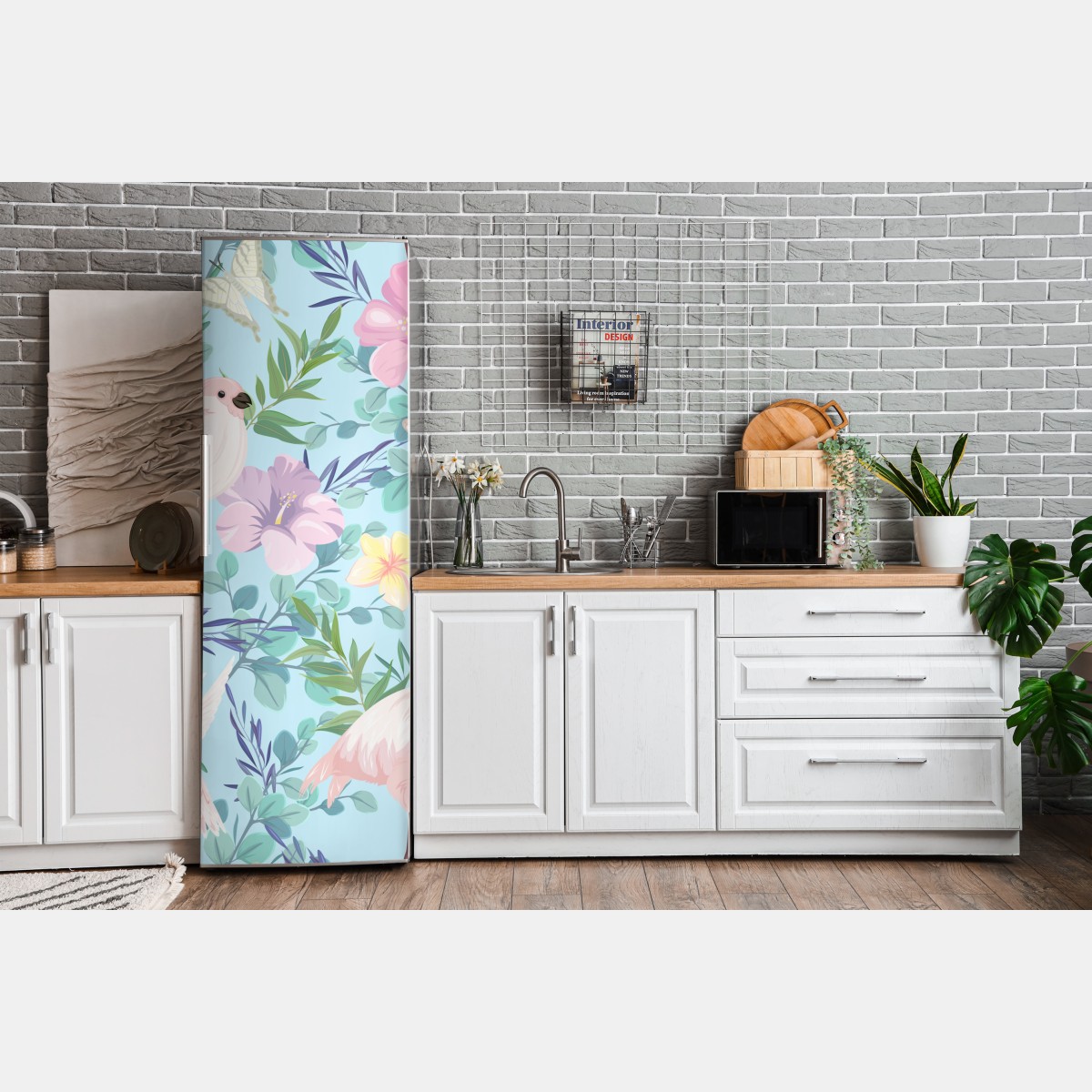 Naklejka na lodówkę pastelowy wzór z tropikalnymi ptakami i kwiatami – Wallissimo® Naklejka na lodówkę pastelowy wzór z tropikalnymi ptakami i kwiatami – Wallissimo®
