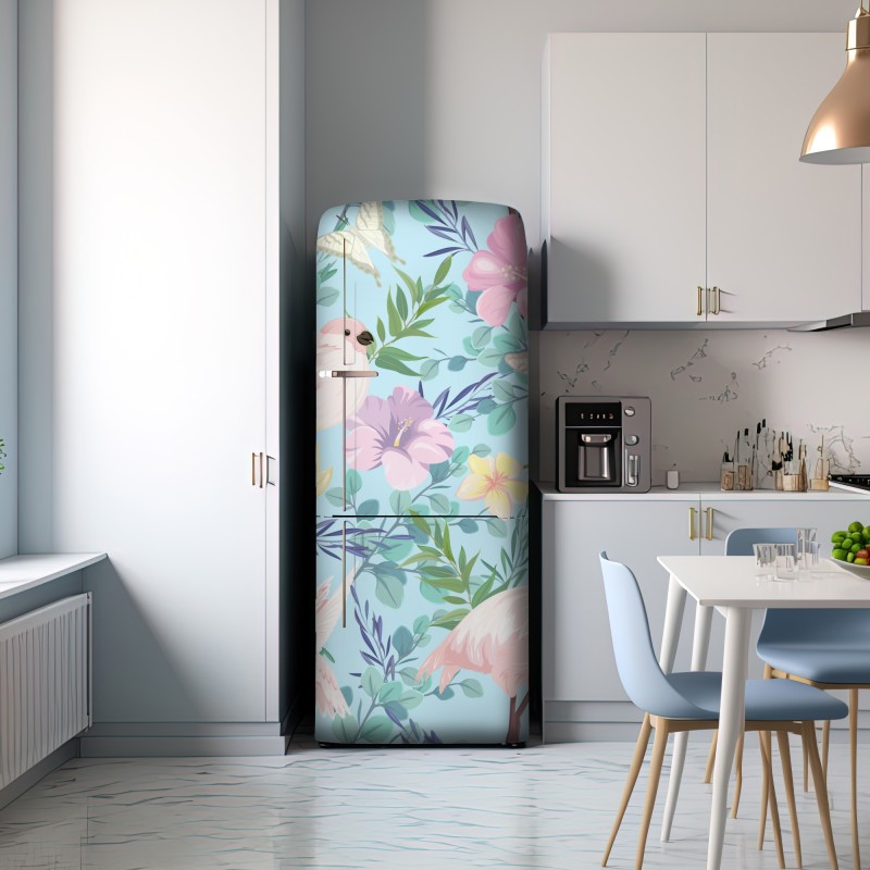 Naklejka na lodówkę pastelowy wzór z tropikalnymi ptakami i kwiatami – Wallissimo® Naklejka na lodówkę pastelowy wzór z tropikalnymi ptakami i kwiatami – Wallissimo®