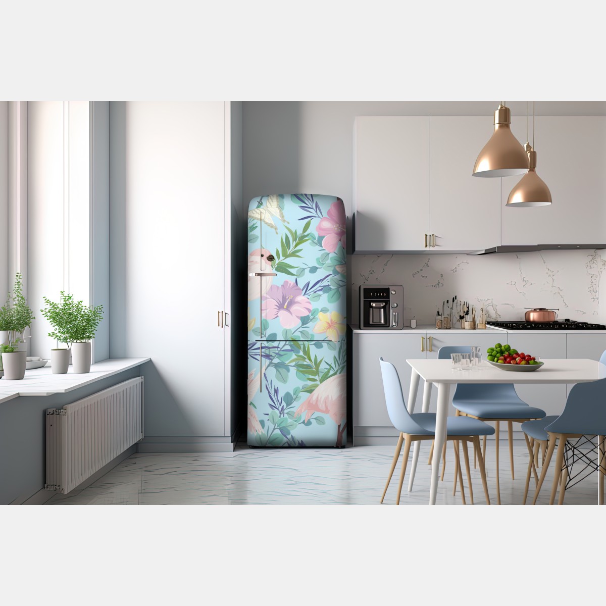 Naklejka na lodówkę pastelowy wzór z tropikalnymi ptakami i kwiatami – Wallissimo® Naklejka na lodówkę pastelowy wzór z tropikalnymi ptakami i kwiatami – Wallissimo®
