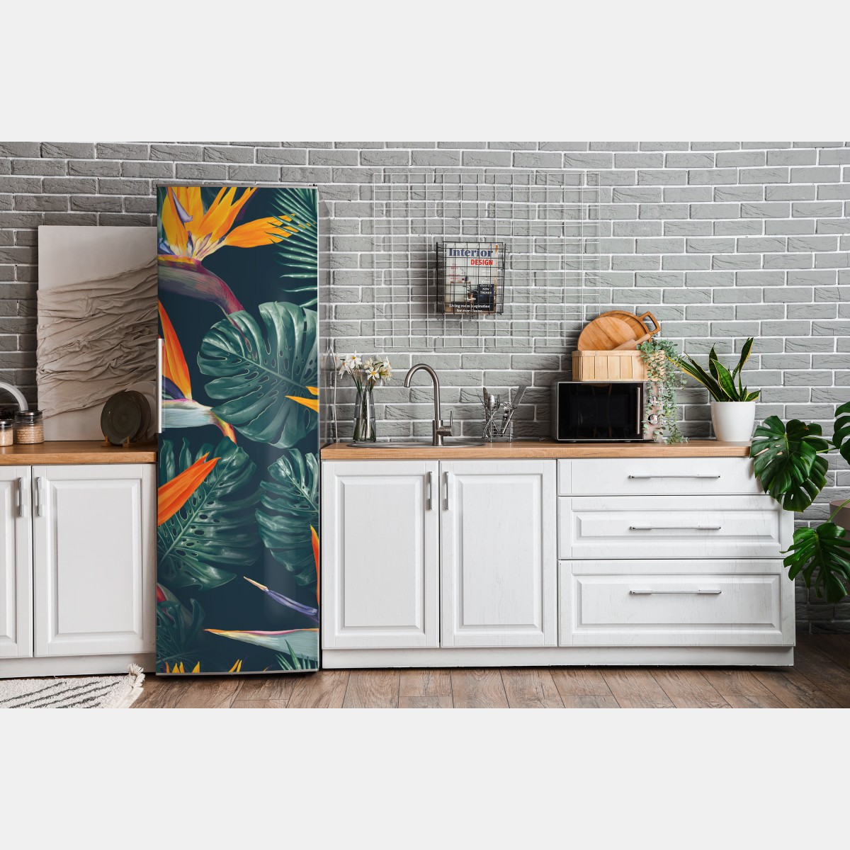 Naklejka na lodówkę egzotyczny motyw rajskich ptaków i liści monstery – Wallissimo® Naklejka na lodówkę egzotyczny motyw rajskich ptaków i liści monstery – Wallissimo®