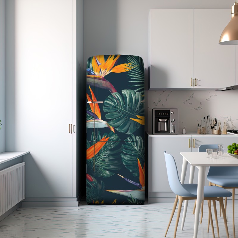 Naklejka na lodówkę egzotyczny motyw rajskich ptaków i liści monstery – Wallissimo® Naklejka na lodówkę egzotyczny motyw rajskich ptaków i liści monstery – Wallissimo®