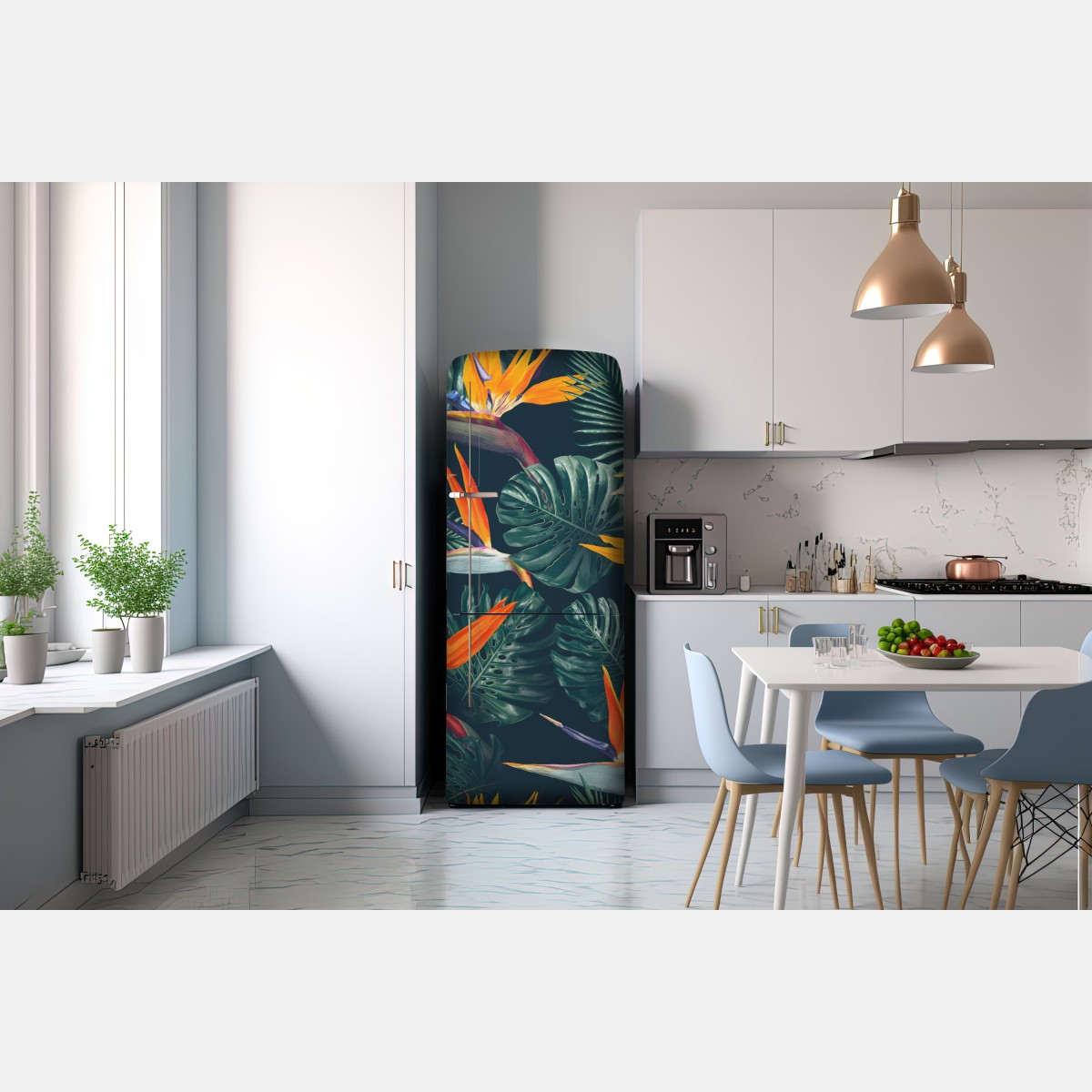 Naklejka na lodówkę egzotyczny motyw rajskich ptaków i liści monstery – Wallissimo® Naklejka na lodówkę egzotyczny motyw rajskich ptaków i liści monstery – Wallissimo®