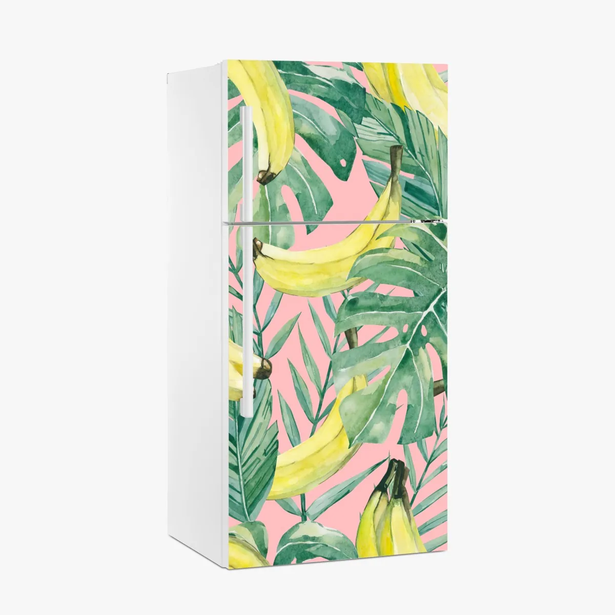 Naklejka na lodówkę akwarelowy wzór z bananami i liśćmi na różowym tle – Wallissimo® Naklejka na lodówkę akwarelowy wzór z bananami i liśćmi na różowym tle – Wallissimo®