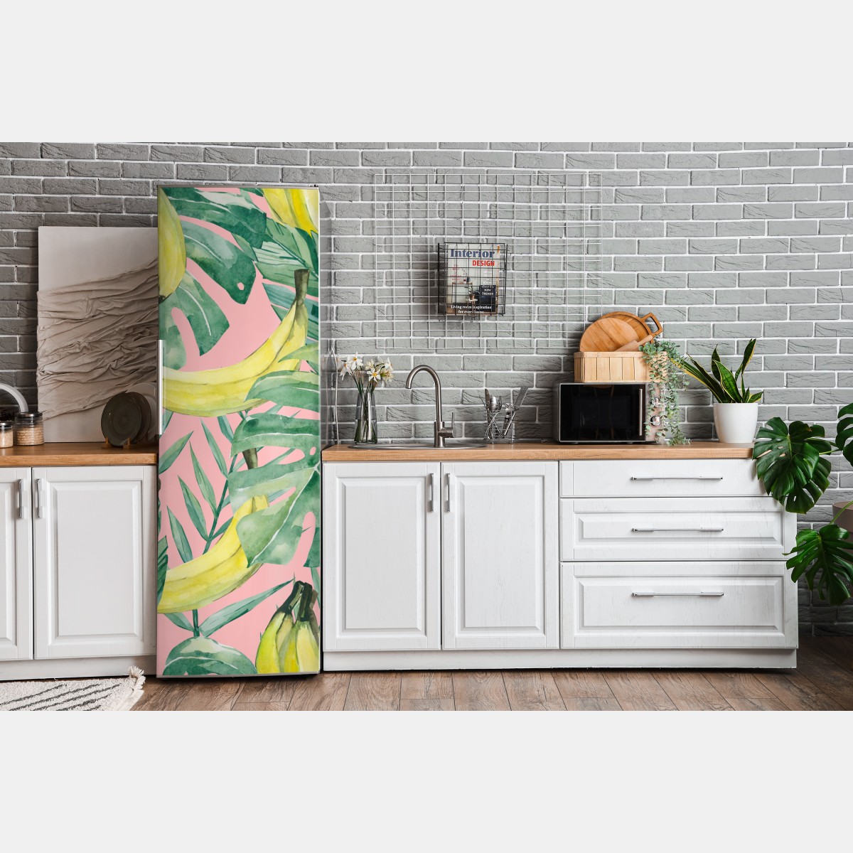 Naklejka na lodówkę akwarelowy wzór z bananami i liśćmi na różowym tle – Wallissimo® Naklejka na lodówkę akwarelowy wzór z bananami i liśćmi na różowym tle – Wallissimo®