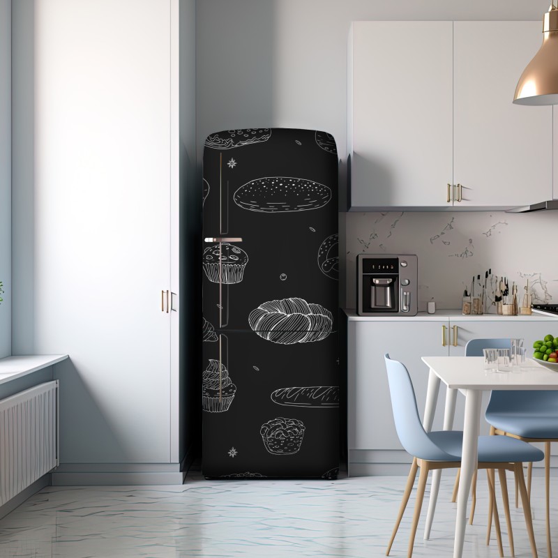 Naklejka na lodówkę wzór wypieków na czarnym tle – Wallissimo® Naklejka na lodówkę wzór wypieków na czarnym tle – Wallissimo®