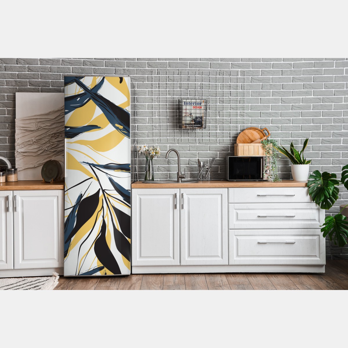 Naklejka na lodówkę granatowo-złoty botaniczny wzór liści – Wallissimo® Naklejka na lodówkę granatowo-złoty botaniczny wzór liści – Wallissimo®