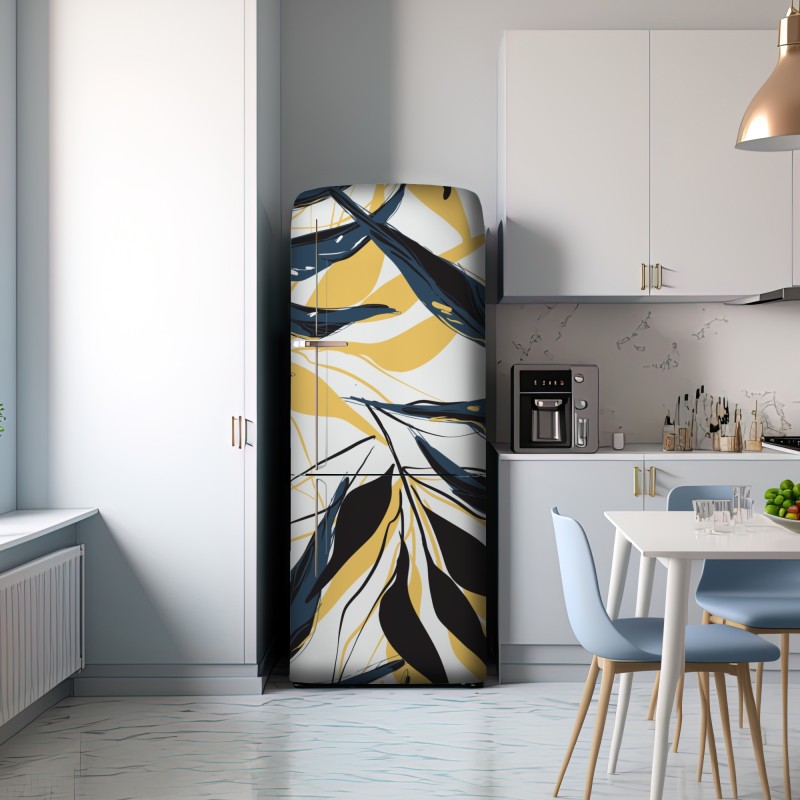 Naklejka na lodówkę granatowo-złoty botaniczny wzór liści – Wallissimo® Naklejka na lodówkę granatowo-złoty botaniczny wzór liści – Wallissimo®