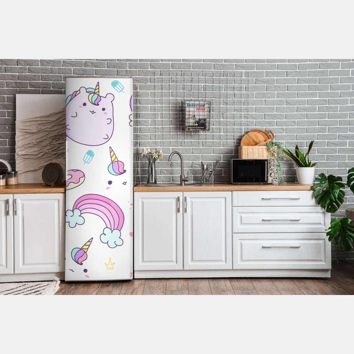Naklejka na lodówkę zabawny pastelowy wzór z jednorożcowym kotem – Wallissimo® Naklejka na lodówkę zabawny pastelowy wzór z jednorożcowym kotem – Wallissimo®