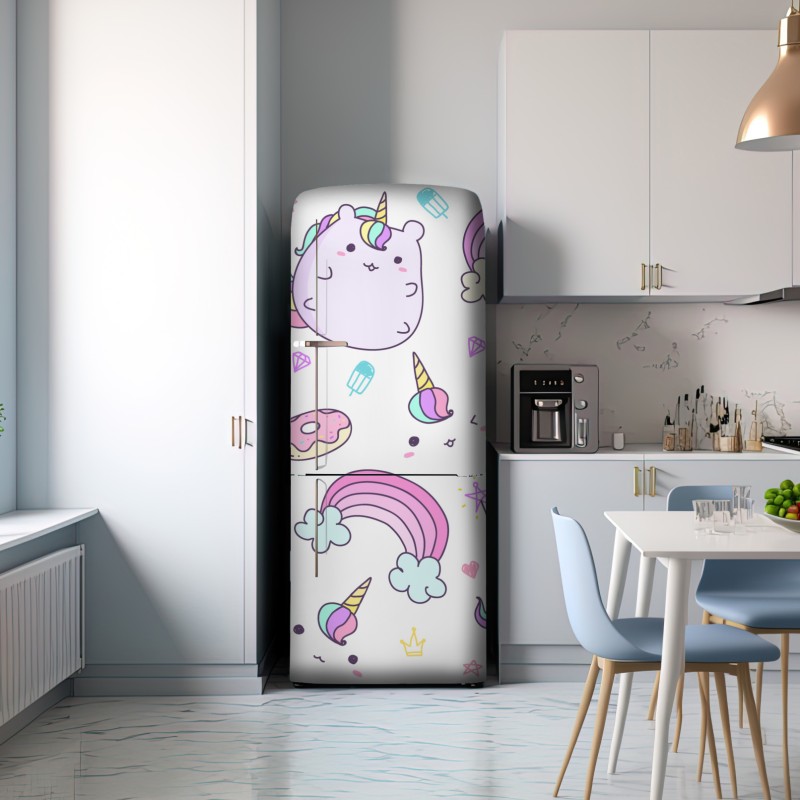 Naklejka na lodówkę zabawny pastelowy wzór z jednorożcowym kotem – Wallissimo® Naklejka na lodówkę zabawny pastelowy wzór z jednorożcowym kotem – Wallissimo®