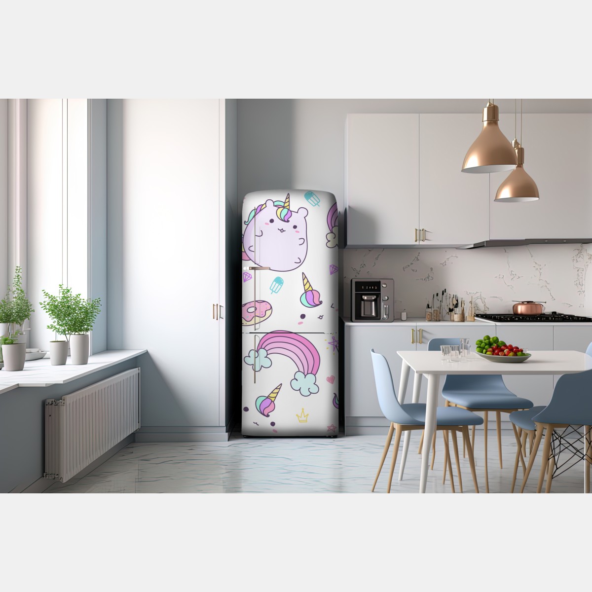 Naklejka na lodówkę zabawny pastelowy wzór z jednorożcowym kotem – Wallissimo® Naklejka na lodówkę zabawny pastelowy wzór z jednorożcowym kotem – Wallissimo®