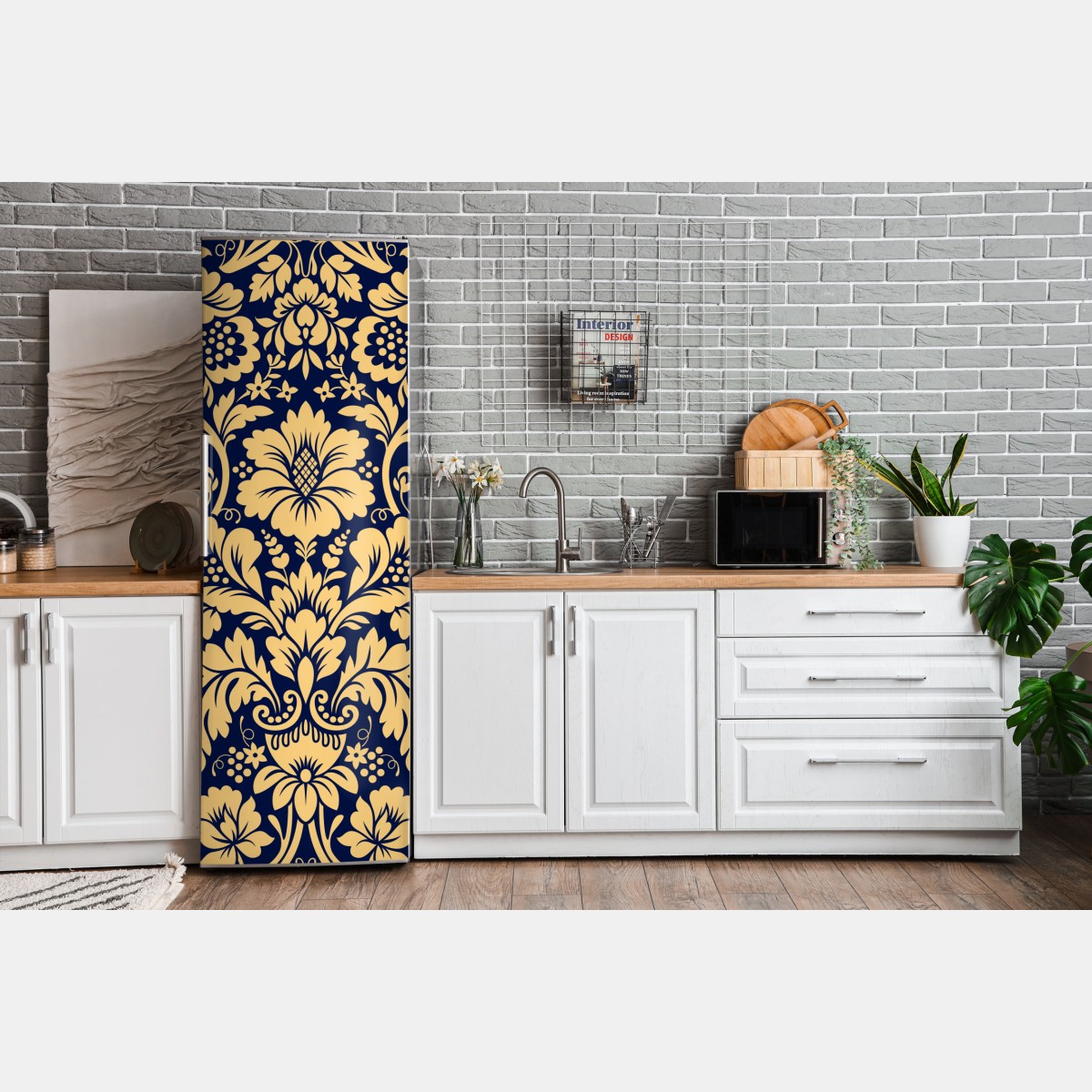 Naklejka na lodówkę granatowo-beżowy wzór damasceński – Wallissimo® Naklejka na lodówkę granatowo-beżowy wzór damasceński – Wallissimo®
