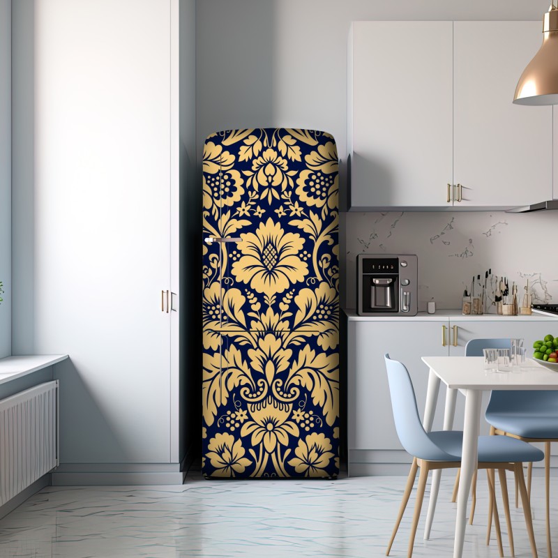 Naklejka na lodówkę granatowo-beżowy wzór damasceński – Wallissimo® Naklejka na lodówkę granatowo-beżowy wzór damasceński – Wallissimo®