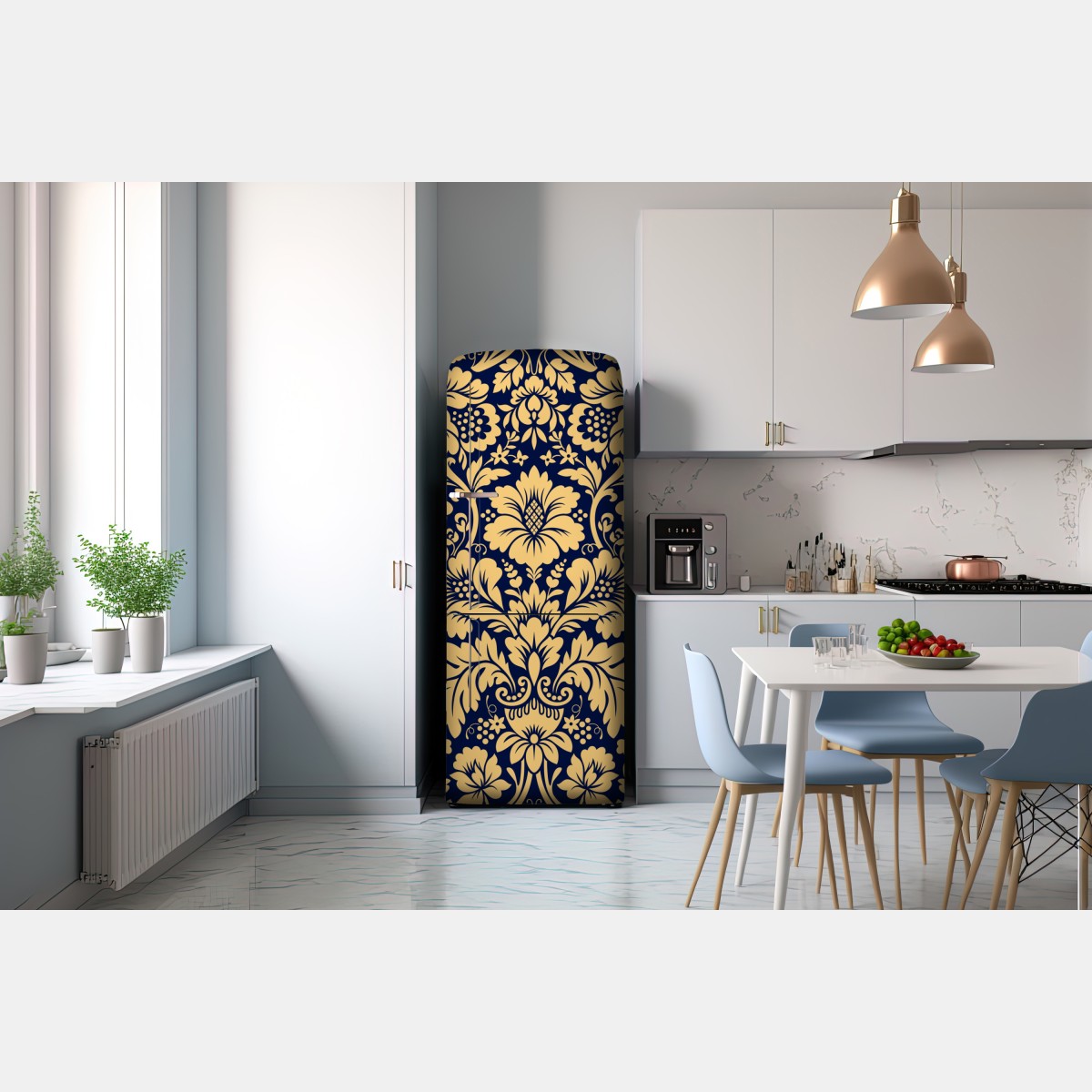 Naklejka na lodówkę granatowo-beżowy wzór damasceński – Wallissimo® Naklejka na lodówkę granatowo-beżowy wzór damasceński – Wallissimo®