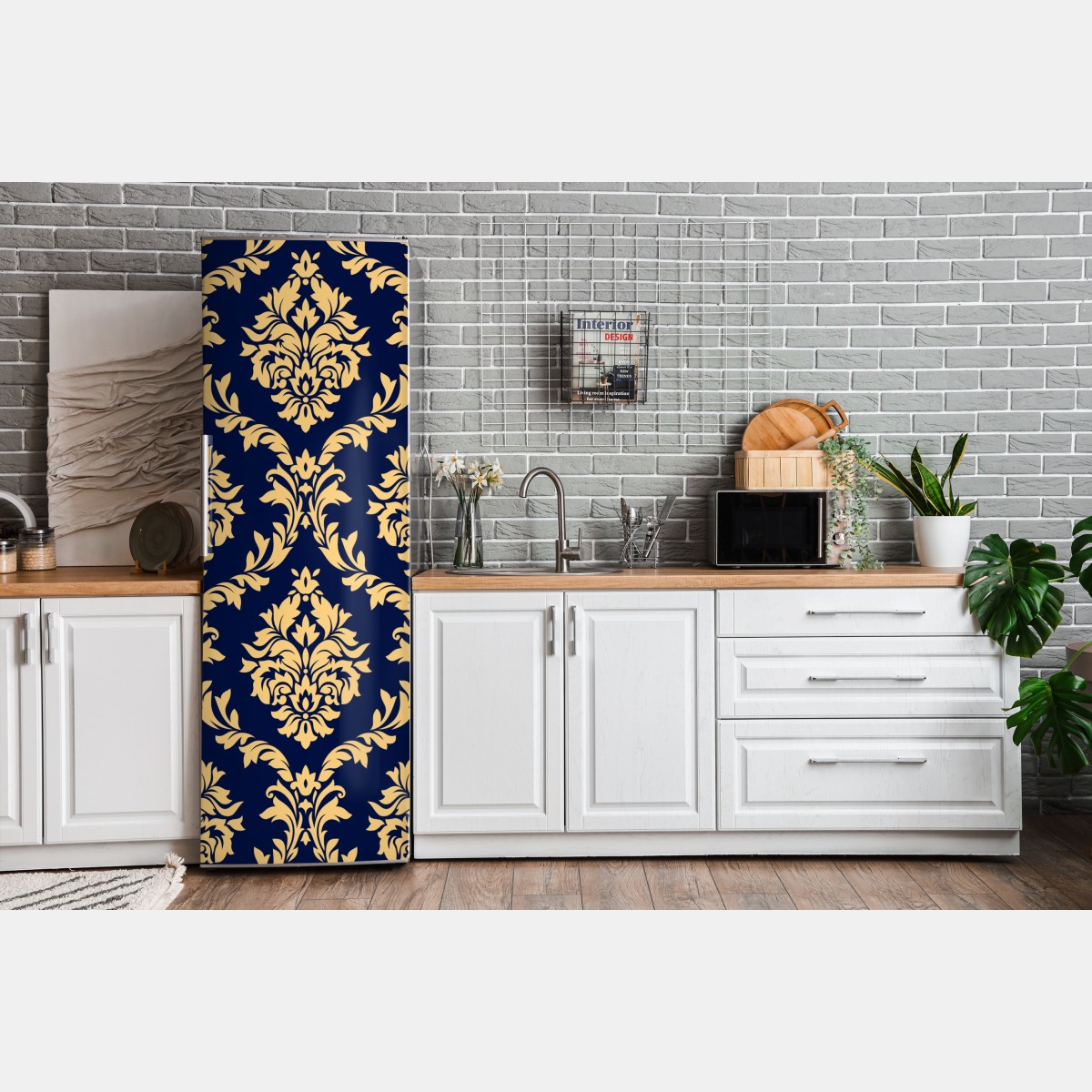 Naklejka na lodówkę wzór damaskowy w odcieniach złota i granatu – Wallissimo® Naklejka na lodówkę wzór damaskowy w odcieniach złota i granatu – Wallissimo®