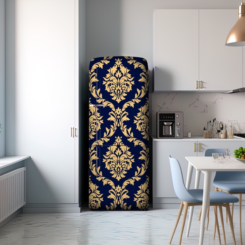 Naklejka na lodówkę wzór damaskowy w odcieniach złota i granatu – Wallissimo® Naklejka na lodówkę wzór damaskowy w odcieniach złota i granatu – Wallissimo®