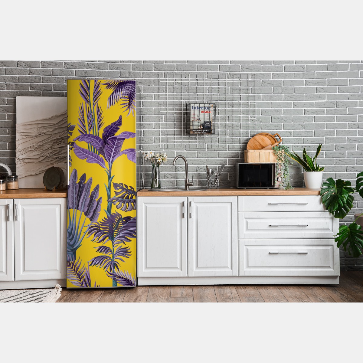Naklejka na lodówkę tropikalne fioletowe liście na żółtym tle – Wallissimo® Naklejka na lodówkę tropikalne fioletowe liście na żółtym tle – Wallissimo®