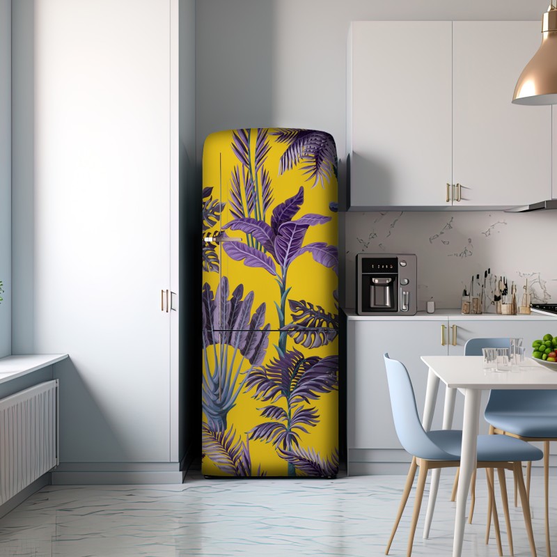 Naklejka na lodówkę tropikalne fioletowe liście na żółtym tle – Wallissimo® Naklejka na lodówkę tropikalne fioletowe liście na żółtym tle – Wallissimo®