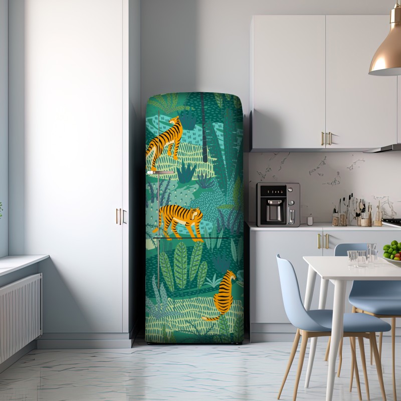 Naklejka na lodówkę tropikalna dżungla z tygrysami – Wallissimo® Naklejka na lodówkę tropikalna dżungla z tygrysami – Wallissimo®