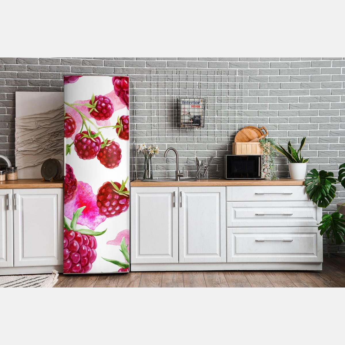 Naklejka na lodówkę akwarelowy wzór z malinami – Wallissimo® Naklejka na lodówkę akwarelowy wzór z malinami – Wallissimo®