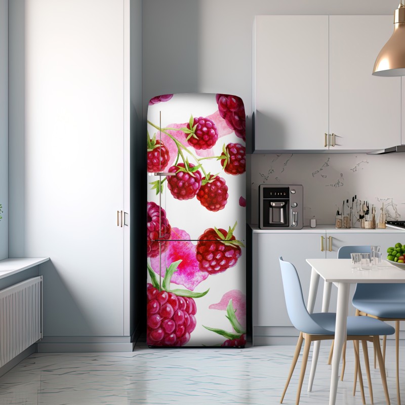 Naklejka na lodówkę akwarelowy wzór z malinami – Wallissimo® Naklejka na lodówkę akwarelowy wzór z malinami – Wallissimo®