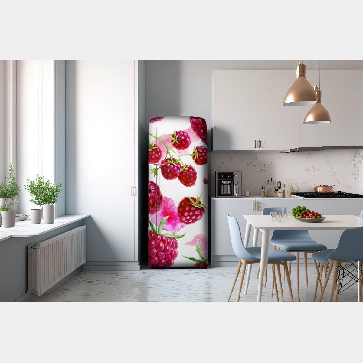 Naklejka na lodówkę akwarelowy wzór z malinami – Wallissimo® Naklejka na lodówkę akwarelowy wzór z malinami – Wallissimo®