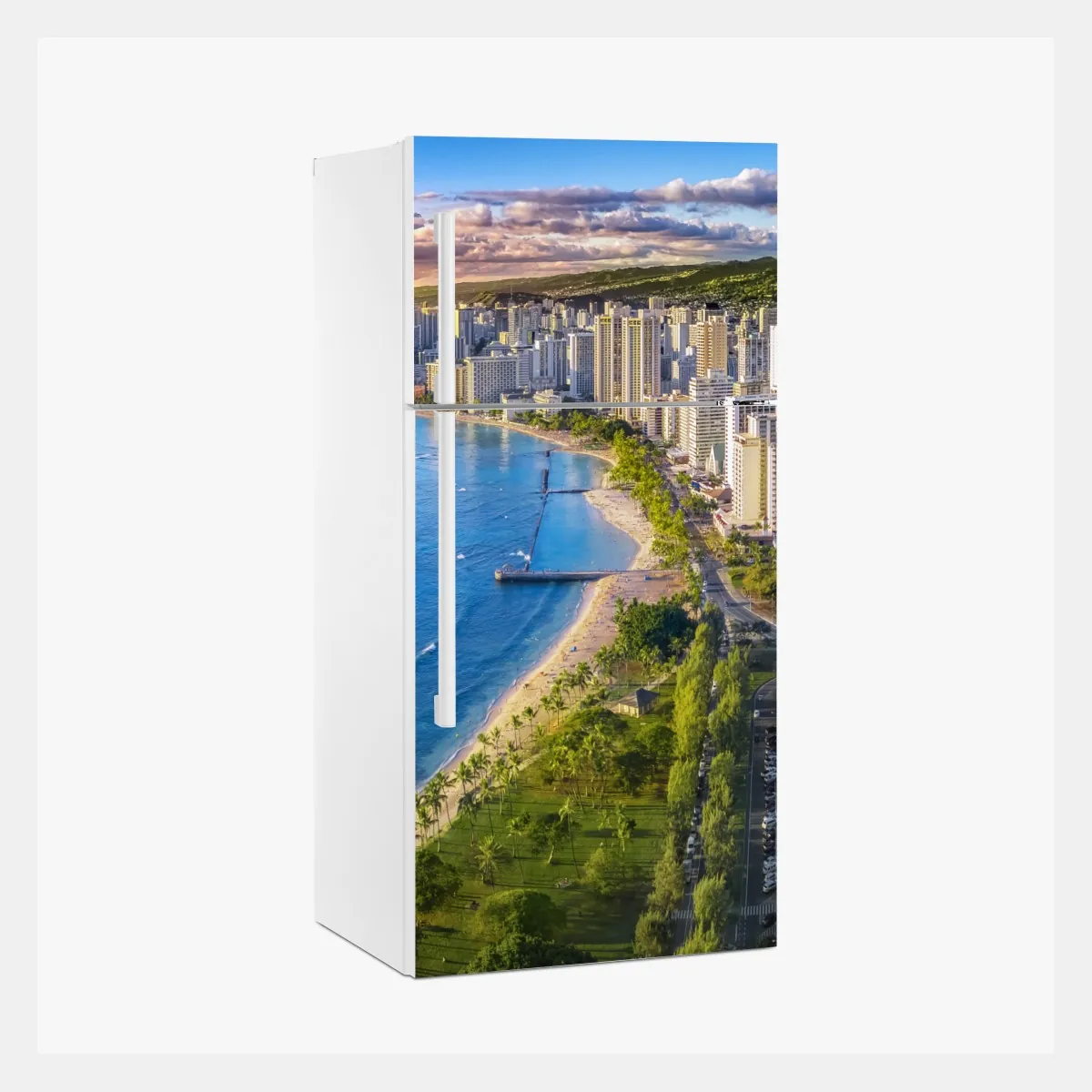 Naklejka na lodówkę panorama nadmorskiego miasta o zachodzie słońca – Wallissimo® Naklejka na lodówkę panorama nadmorskiego miasta o zachodzie słońca – Wallissimo®