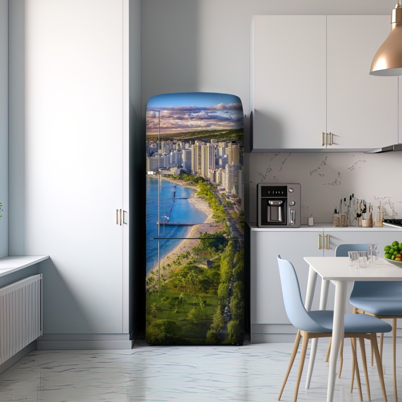 Naklejka na lodówkę panorama nadmorskiego miasta o zachodzie słońca – Wallissimo® Naklejka na lodówkę panorama nadmorskiego miasta o zachodzie słońca – Wallissimo®