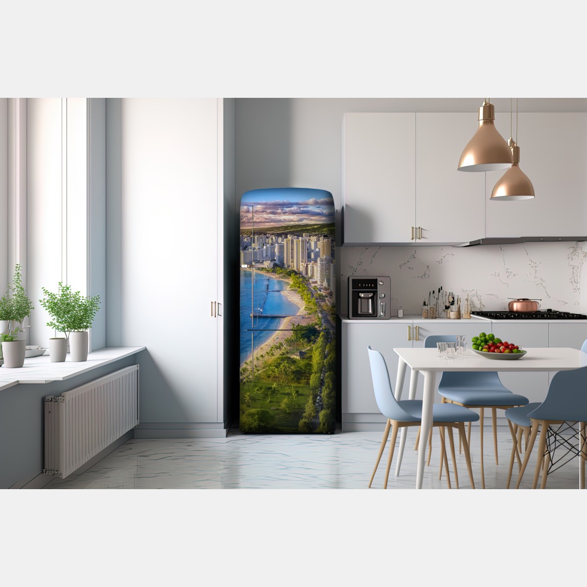 Naklejka na lodówkę panorama nadmorskiego miasta o zachodzie słońca – Wallissimo® Naklejka na lodówkę panorama nadmorskiego miasta o zachodzie słońca – Wallissimo®