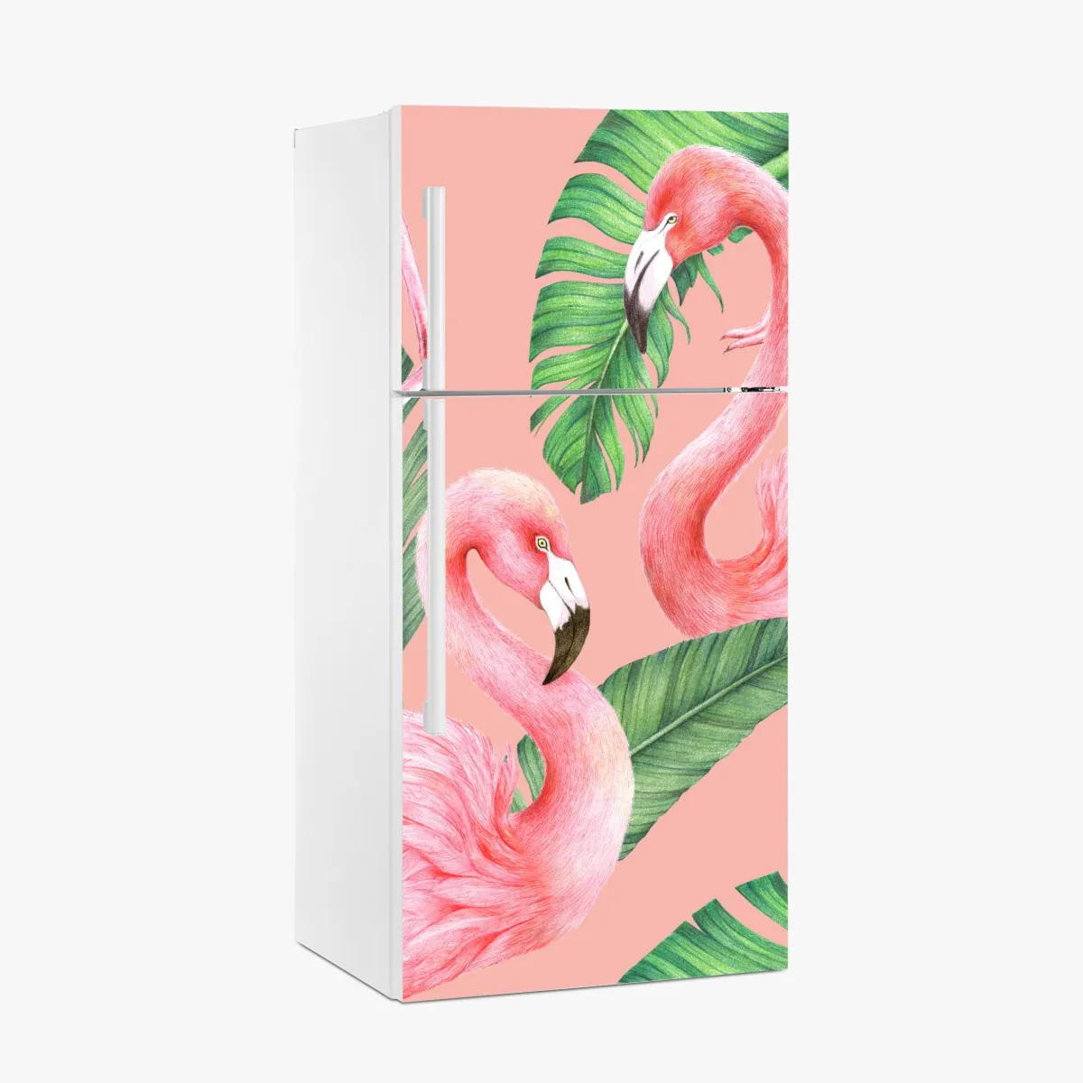 Naklejka na lodówkę różowy wzór z flamingami i liśćmi tropikalnymi – Wallissimo® Naklejka na lodówkę różowy wzór z flamingami i liśćmi tropikalnymi – Wallissimo®