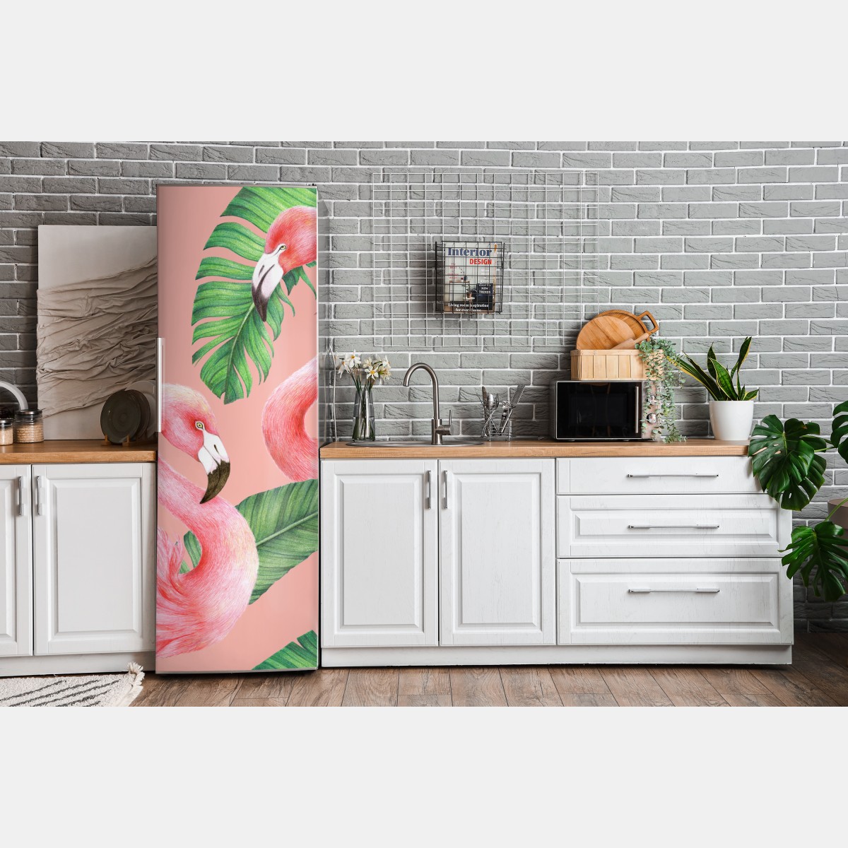 Naklejka na lodówkę różowy wzór z flamingami i liśćmi tropikalnymi – Wallissimo® Naklejka na lodówkę różowy wzór z flamingami i liśćmi tropikalnymi – Wallissimo®