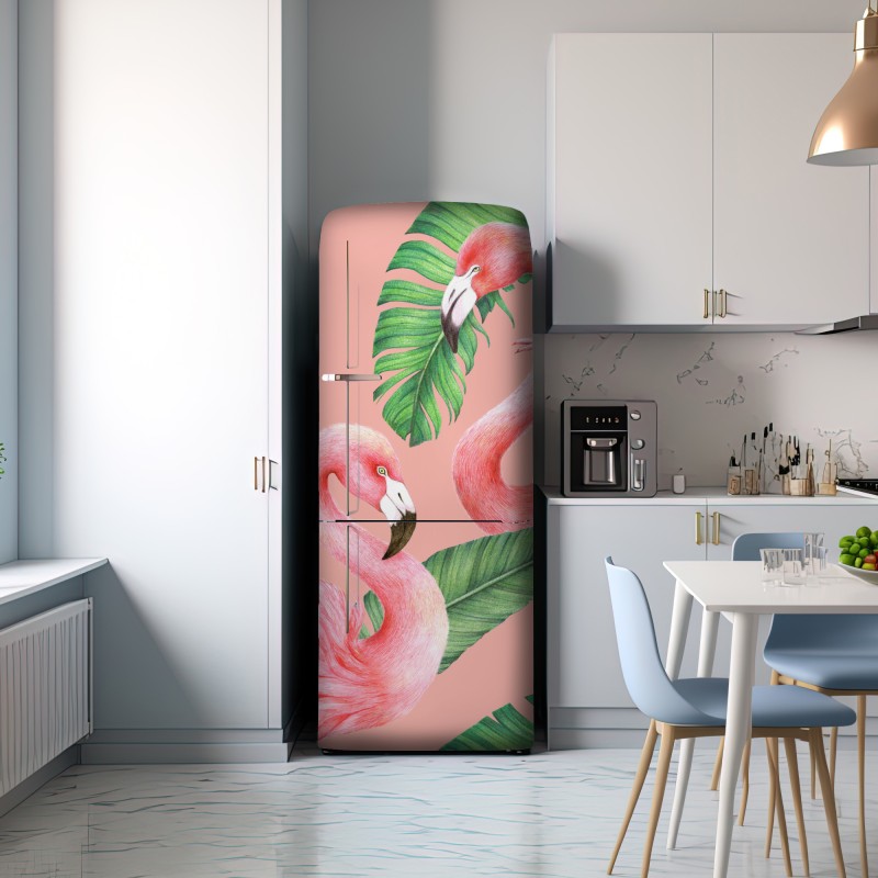 Naklejka na lodówkę różowy wzór z flamingami i liśćmi tropikalnymi – Wallissimo® Naklejka na lodówkę różowy wzór z flamingami i liśćmi tropikalnymi – Wallissimo®