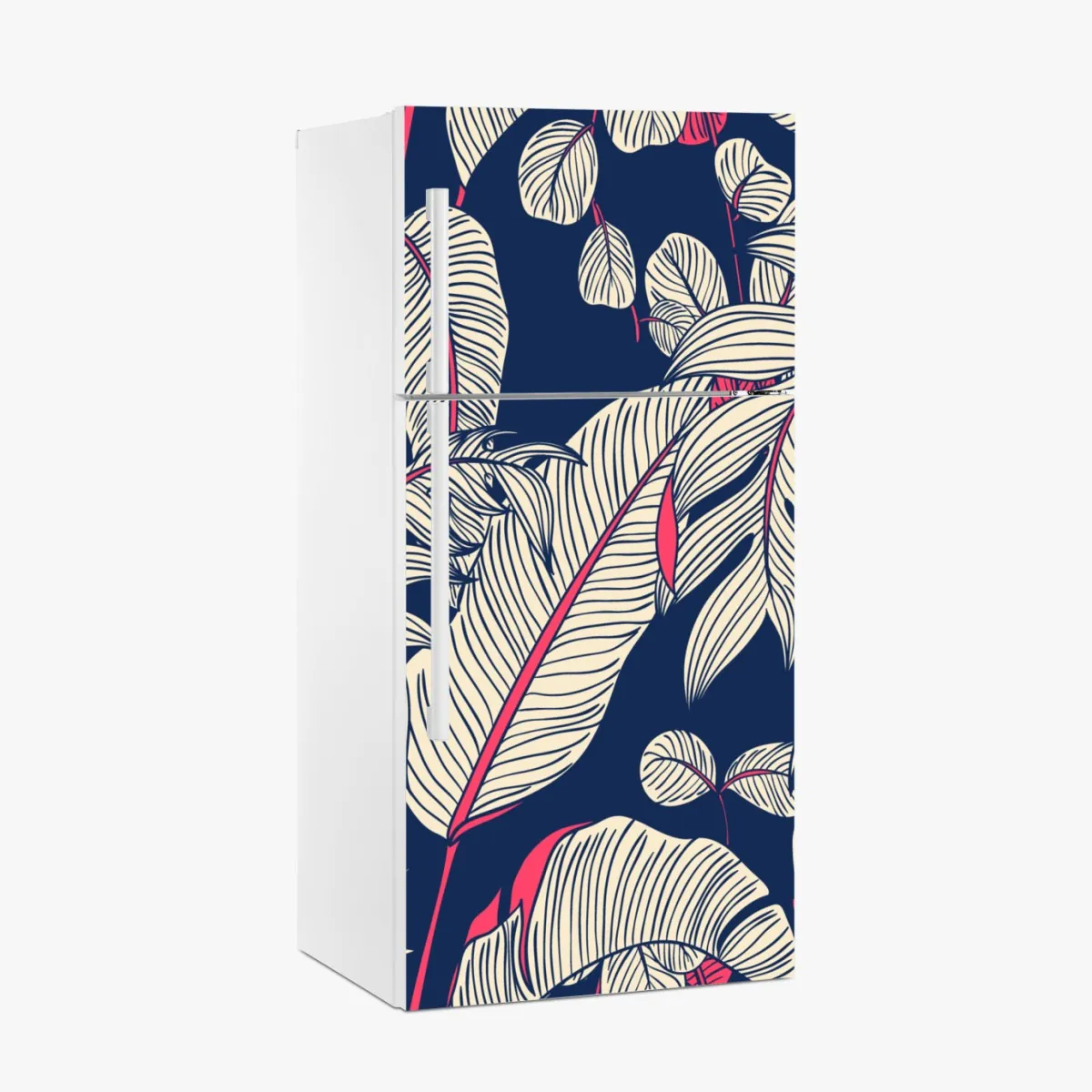 Naklejka na lodówkę granatowy tropikalny wzór z liśćmi – Wallissimo® Naklejka na lodówkę granatowy tropikalny wzór z liśćmi – Wallissimo®