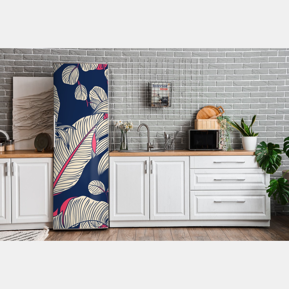 Naklejka na lodówkę granatowy tropikalny wzór z liśćmi – Wallissimo® Naklejka na lodówkę granatowy tropikalny wzór z liśćmi – Wallissimo®