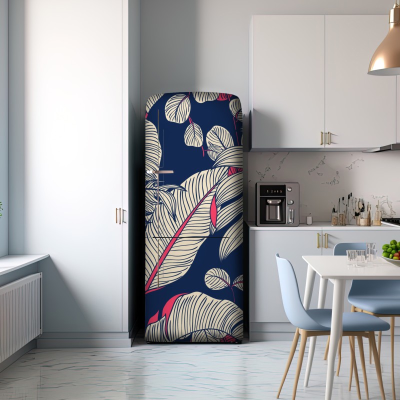 Naklejka na lodówkę granatowy tropikalny wzór z liśćmi – Wallissimo® Naklejka na lodówkę granatowy tropikalny wzór z liśćmi – Wallissimo®
