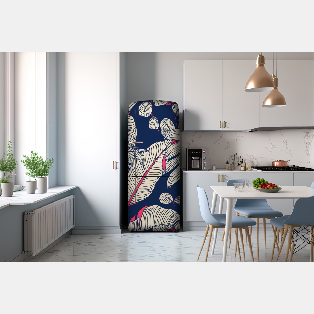 Naklejka na lodówkę granatowy tropikalny wzór z liśćmi – Wallissimo® Naklejka na lodówkę granatowy tropikalny wzór z liśćmi – Wallissimo®