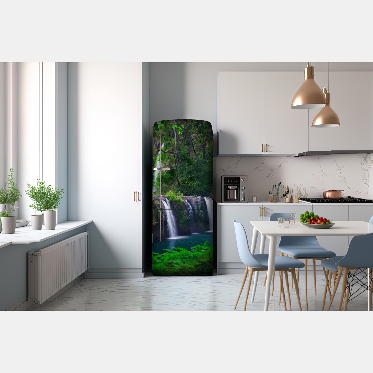 Naklejka na lodówkę uspokajający wodospad w szmaragdowym lesie – Wallissimo® Naklejka na lodówkę uspokajający wodospad w szmaragdowym lesie – Wallissimo®