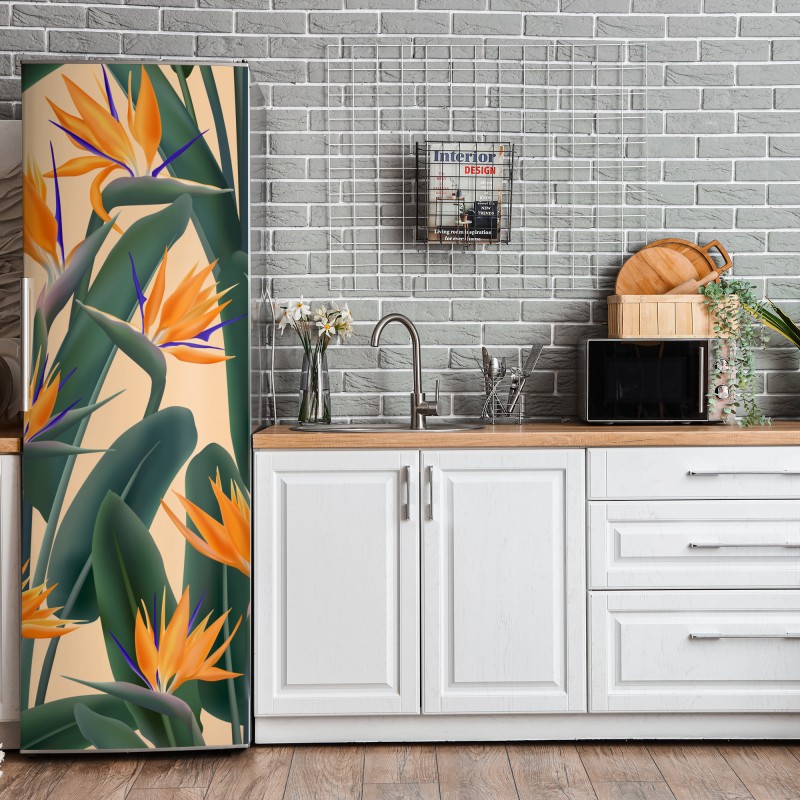 Naklejka na lodówkę tropikalny wzór strelicji – Wallissimo® Naklejka na lodówkę tropikalny wzór strelicji – Wallissimo®