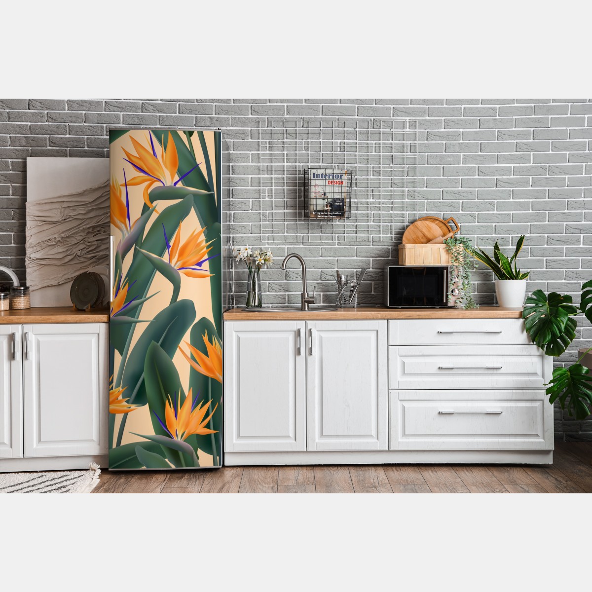 Naklejka na lodówkę tropikalny wzór strelicji – Wallissimo® Naklejka na lodówkę tropikalny wzór strelicji – Wallissimo®