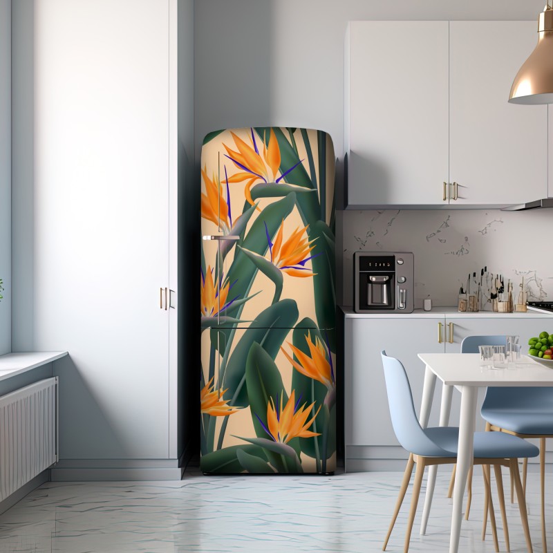Naklejka na lodówkę tropikalny wzór strelicji – Wallissimo® Naklejka na lodówkę tropikalny wzór strelicji – Wallissimo®