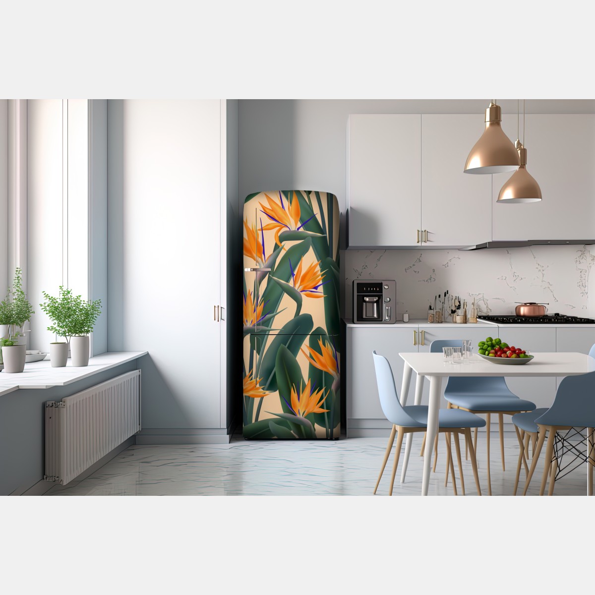 Naklejka na lodówkę tropikalny wzór strelicji – Wallissimo® Naklejka na lodówkę tropikalny wzór strelicji – Wallissimo®